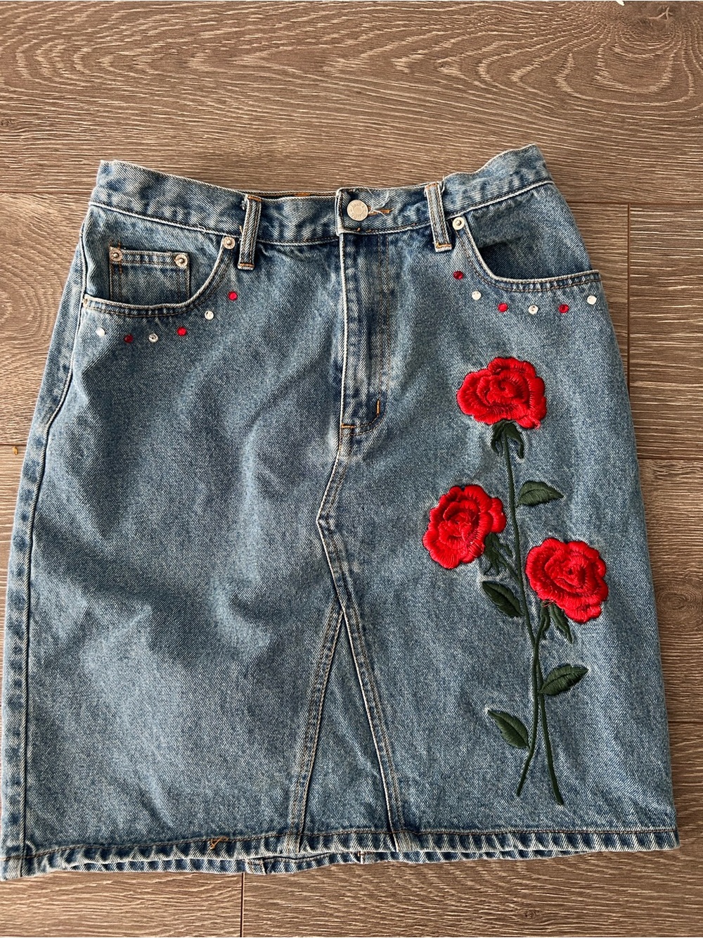 Baccini Blue Denim Skirt with Red Rose Embroidery